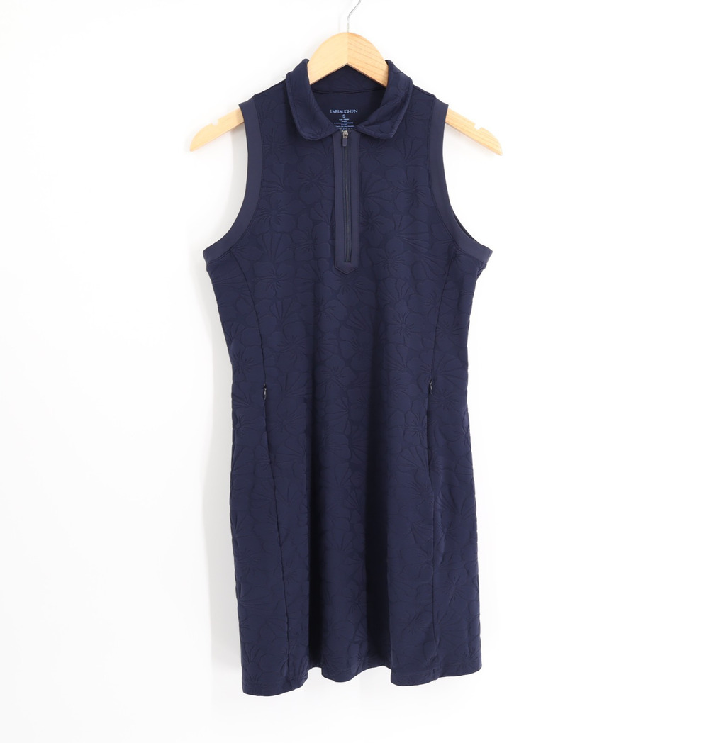 J. McLaughlin Sz S Navy Jacquard Flower Shift Dress Collared Sleeveless Resort